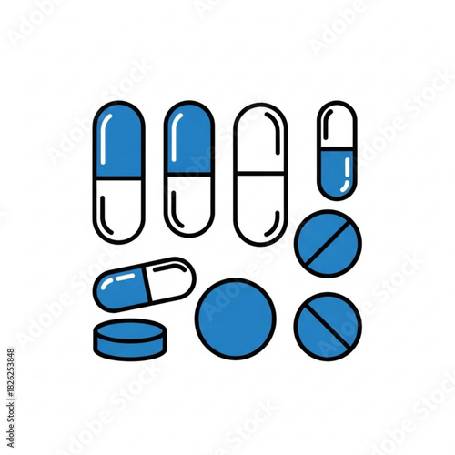 Illustration of assorted blue and white pills capsules and tablets arranged on a white background