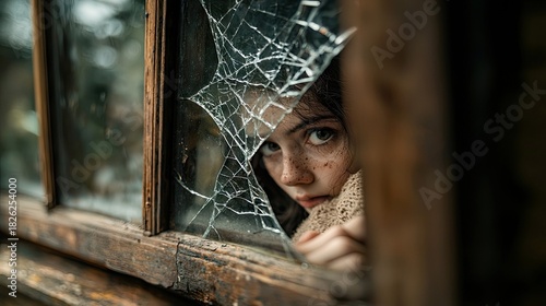 A young girl with freckles peeks through a cracked window pane, her face showing concern. The background is blurred, suggesting an outdoor setting.