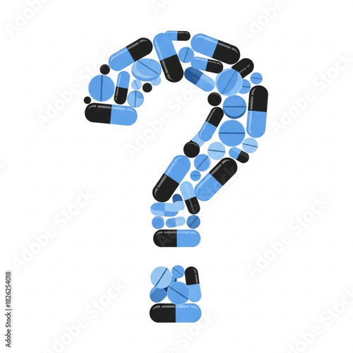 Question mark shape formed by an arrangement of blue and black pills on a white background image design