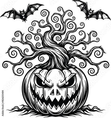 Frightening jack-o'-lantern illustration with a twisted, spiraling dead tree growing from the top and two flying bats, perfect for dark Halloween holiday and 