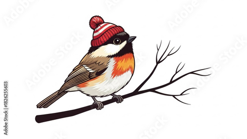 Cute bird wearing a winter hat perched on a branch isolated on white background