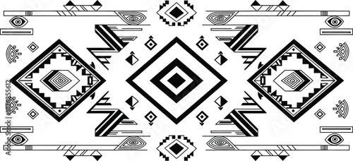 Abstract horizontal tribal ornament and border with aztec or native american geometric rhombus and diamond shapes for modern graphic design and print.