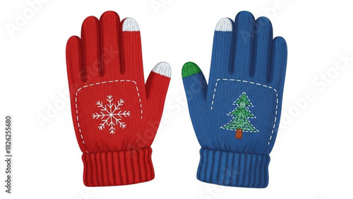 Pair of knitted winter gloves with festive designs isolated on white background