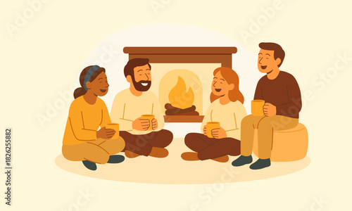Group of friends sitting by a warm fireplace, drinking coffee and laughing. Cozy winter gathering and relaxed mood.