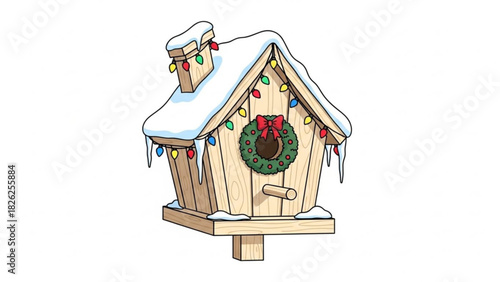 Cartoon wooden birdhouse decorated with christmas lights and wreath isolated on white background
