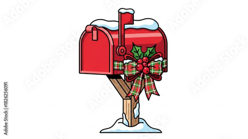 Red christmas mailbox decorated with holly and bow isolated on white background