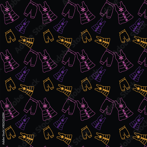 Neon Fashion Clothing Seamless Pattern Vibrant Treandy Apparel Vector Design.Perfect for activewear prints,streetwear clothing,fabric design,wallpapers,branding materials,packaging,stationery,fashion.