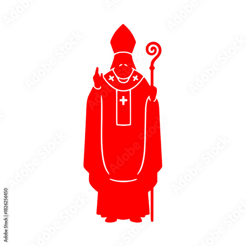 Saint Nicholas icon, traditional red bishop with staff, vector illustration, Christmas holiday spirit, religious symbol, cultural heritage, holiday celebration