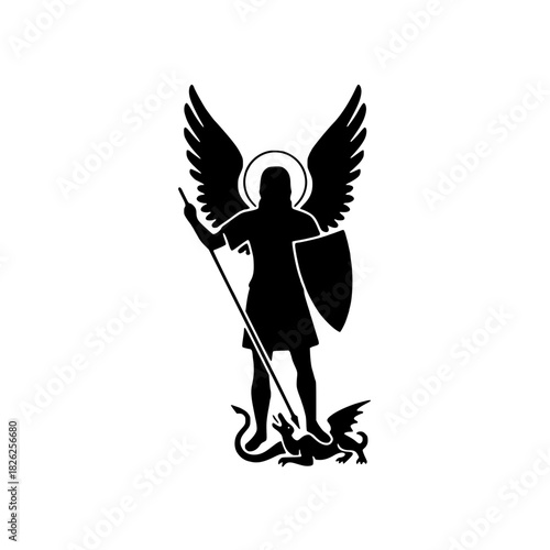 Powerful winged guardian angel with spear conquering dragon, a symbol of strength and protection, embodying victory and spiritual warfare