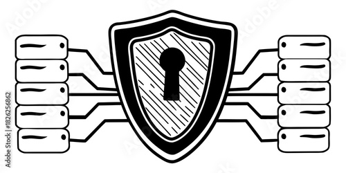Illustration of a shield with a keyhole and servers connected by lines in black and white style