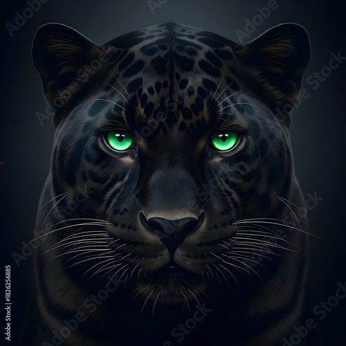 A sleek black panther with vivid green eyes is depicted on a dark background, highlighting its fierce and captivating presence.