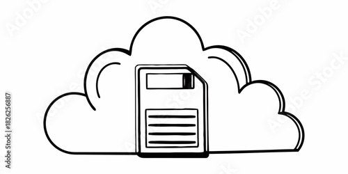 Outline drawing of a floppy disk inside a cloud representing cloud storage and data backup solution