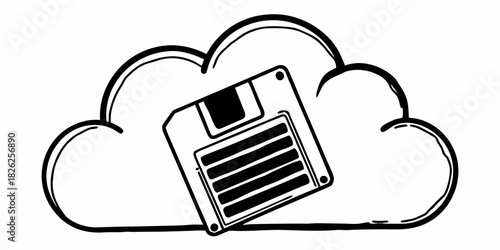 A floppy disk in front of a cloud representing cloud storage and data backup in black and white style