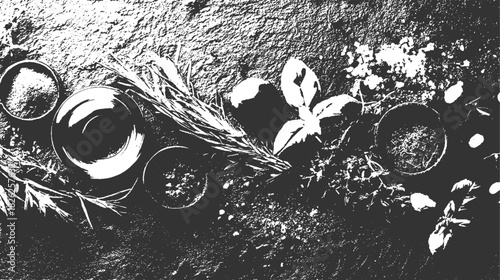 Overhead view of small bowls filled with herbs and spices next to fresh rosemary sprigs and leaves on a dark textured surface