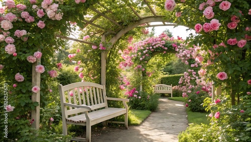 A charming white wooden bench sits under a beautiful archway, richly decorated with blooming pink roses, creating a tranquil garden