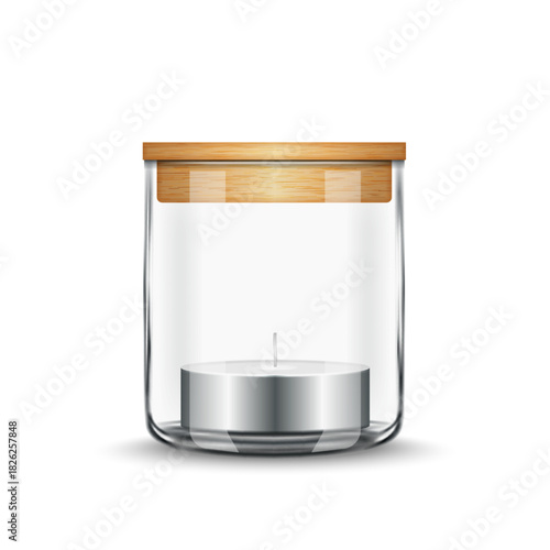 Realistic glass jar candle holder 3d vector mockup with wooden lid and small tea light inside isolated on white, perfect for scandinavian style home decor, spa, aromatherapy.