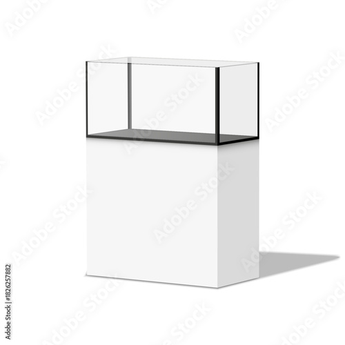 Empty white pedestal with a rectangular glass display case blank mockup, realistic 3d vector object isometric view, for museum exhibition, aquarium stand, product presentation showcase template.