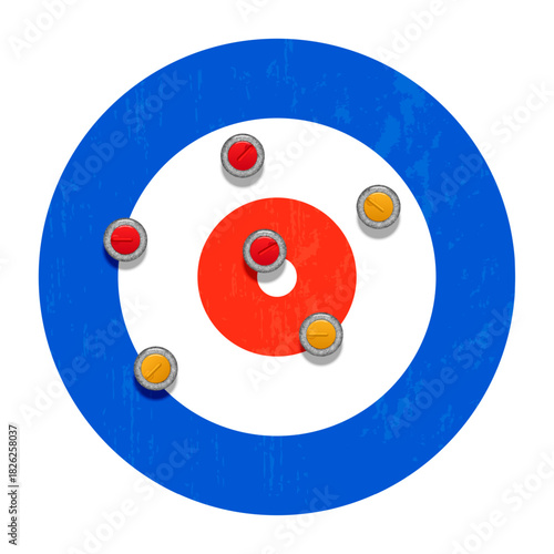 Curling sheet target-house with six red and yellow granite stones top view, for winter sports realistic 3d vector illustration, winter game competition, curling team strategy scheme.