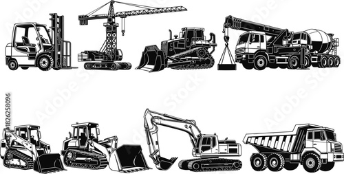 Heavy construction machinery vehicle set vector illustration, including excavator, bulldozer, forklift, crane, cement mixer truck, skid steer, dump truck, detailed silhouette artwork