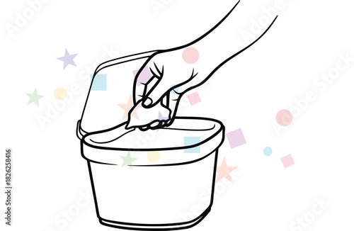 Hand taking a wipe from container.