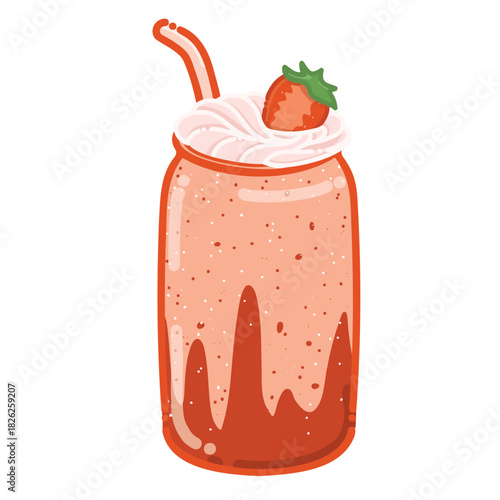Colored cartoon line art vector illustration of a strawberry yogurt smoothie in a glass with fresh strawberries and creamy texture. Simple clean outline with soft colors