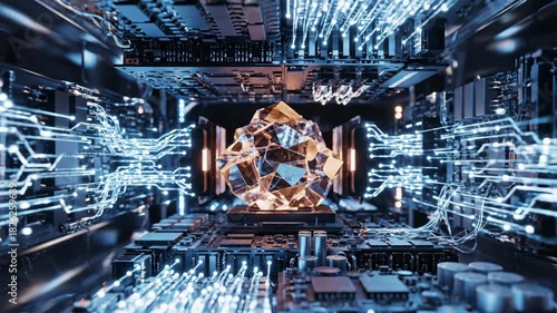Futuristic technology scene with glowing core inside a circuit board