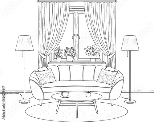 Handdrawn line art sketch of a cozy living room interior with a curved sofa floor lamps and a window.