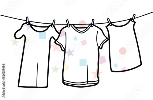 Clean Clothes Drying on a Clothesline with Colorful Shapes Scattered Around