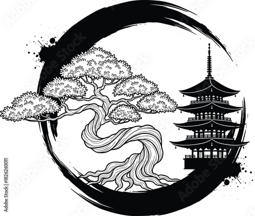 Japanese bonsai tree, Zen pagoda, Enso circle vector, black and white illustration, spiritual nature art, traditional Asian design, harmony symbol