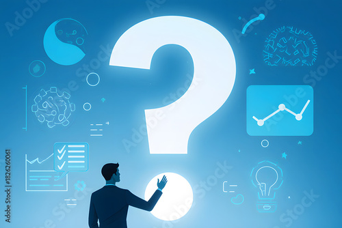 Wallpaper Mural Man contemplates a glowing question mark surrounded by futuristic data and icons, symbolizing inquiry and innovation. Torontodigital.ca