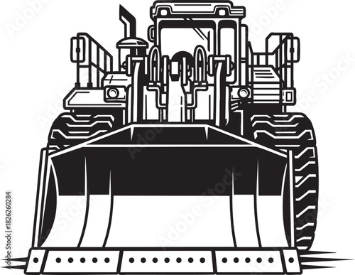 Heavyduty front wheel loader with a large bucket shown in a bold black and white vector illustration style.