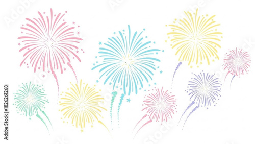 Pastel colored fireworks display on a white background celebrating a special occasion or holiday event silhouette