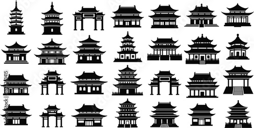 Large set of diverse black silhouettes featuring traditional Chinese and Japanese architecture, including pagodas, temples, and gates, suitable for travel and culture design.