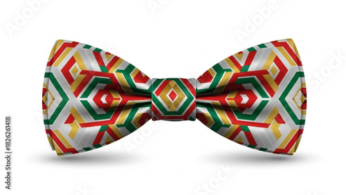 A vibrant bow tie with geometric patterns in red, green, and yellow on a white background is displayed silhouette