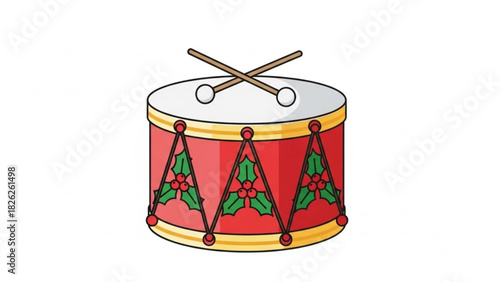 Illustration of a red christmas drum with holly decorations and crossed drumsticks on a white background silhouette