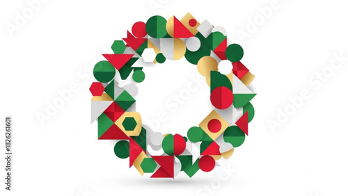 Geometric christmas wreath with red green and gold shapes against a white background holiday decoration silhouette