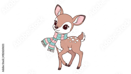 Illustration of a cute fawn with big eyes wearing a striped scarf on a white background image art silhouette