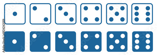 Dice square icon set. Game dice vector icon set. Dice for board games, gambling, and random number generation. Set of dice in flat and linear design from one to six. 