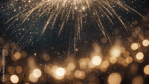 Wide background of golden fireworks exploding across the top of the image. Dark navy to black night sky