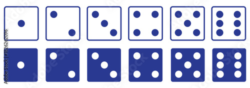 Dice square icon set. Game dice vector icon set. Dice for board games, gambling, and random number generation. Set of dice in flat and linear design from one to six. 