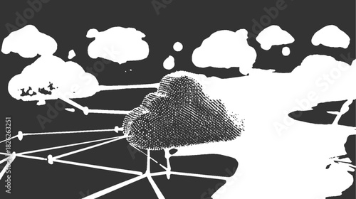 Abstract digital cloud network with white lines connecting to white cloud shapes on dark gray background