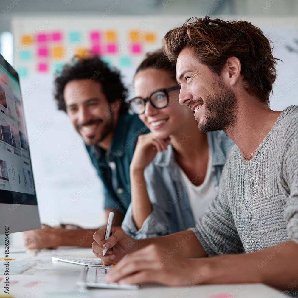 custom made wallpaper toronto digitalCreative team collaborating on a project. Diverse group working together, smiling at a computer screen. Represents teamwork, innovation, and modern workplace culture.