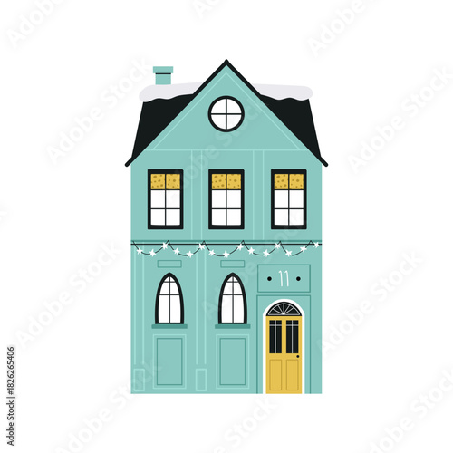 Flat Vector Illustration of Modern Teal Christmas Townhouse Facade with Snow and Lights