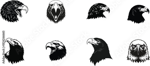 Eagle head silhouettes black and white vector illustration for graphic design projects on transparent background