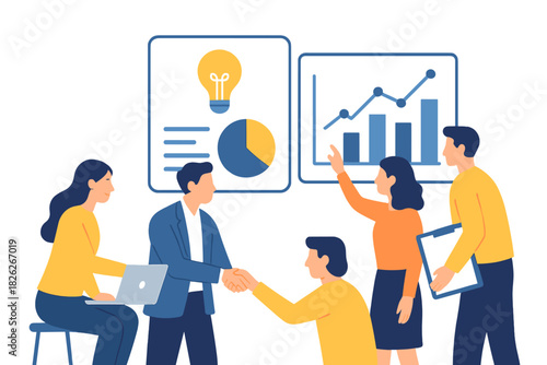 Business team collaboration analyzing data charts and finalizing a deal with a handshake