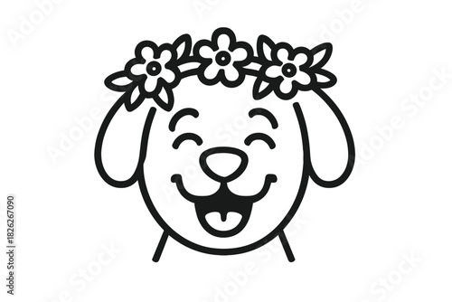 Cute black and white puppy head smiling with tongue out wearing a daisy flower crown