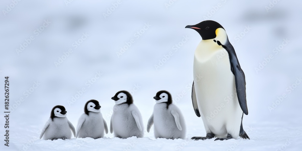 Obraz premium A Heartwarming Scene of an Emperor Penguin Family Nurturing Their Adorable Chicks in Antarctica