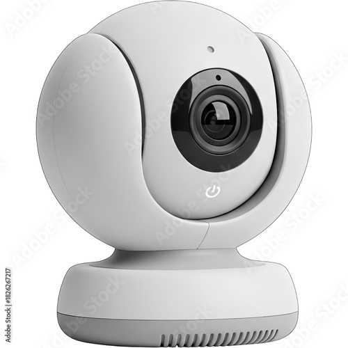 Modern white indoor security camera isolated on a plain background.