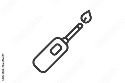 Simple black and white outline of a long utility lighter igniting a small flame