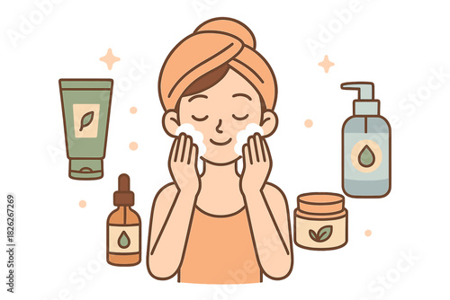 Woman applying foam cleanser during daily facial skincare routine with natural cosmetic products